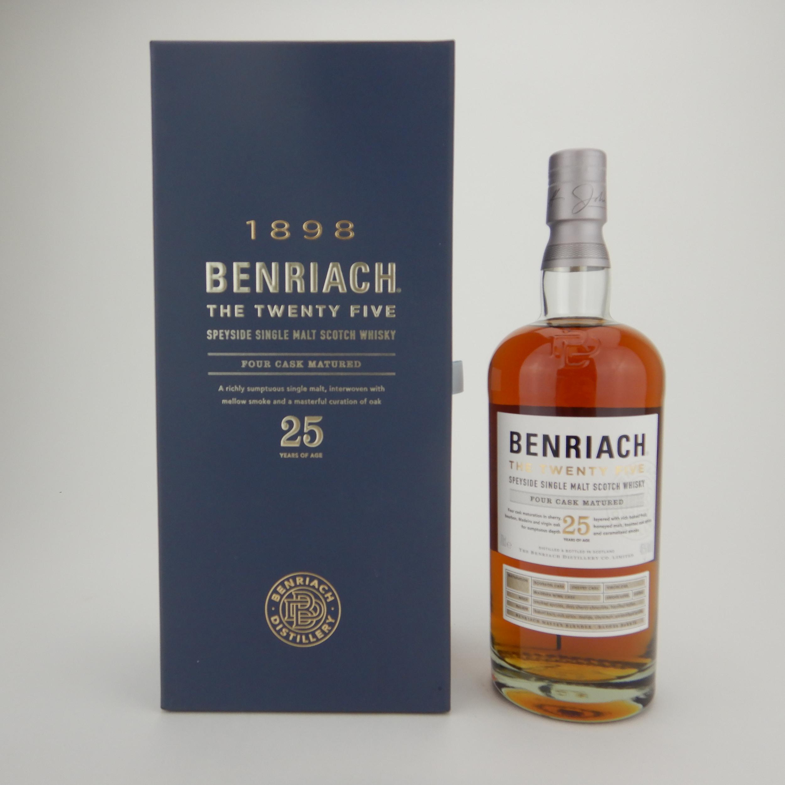 BenRiach The Twenty Five 25 Year Old, Sherry Cask, Bourbon Cask, Virgin Oak Cask, Madeira Cask, 2021, 46% whisky bottle