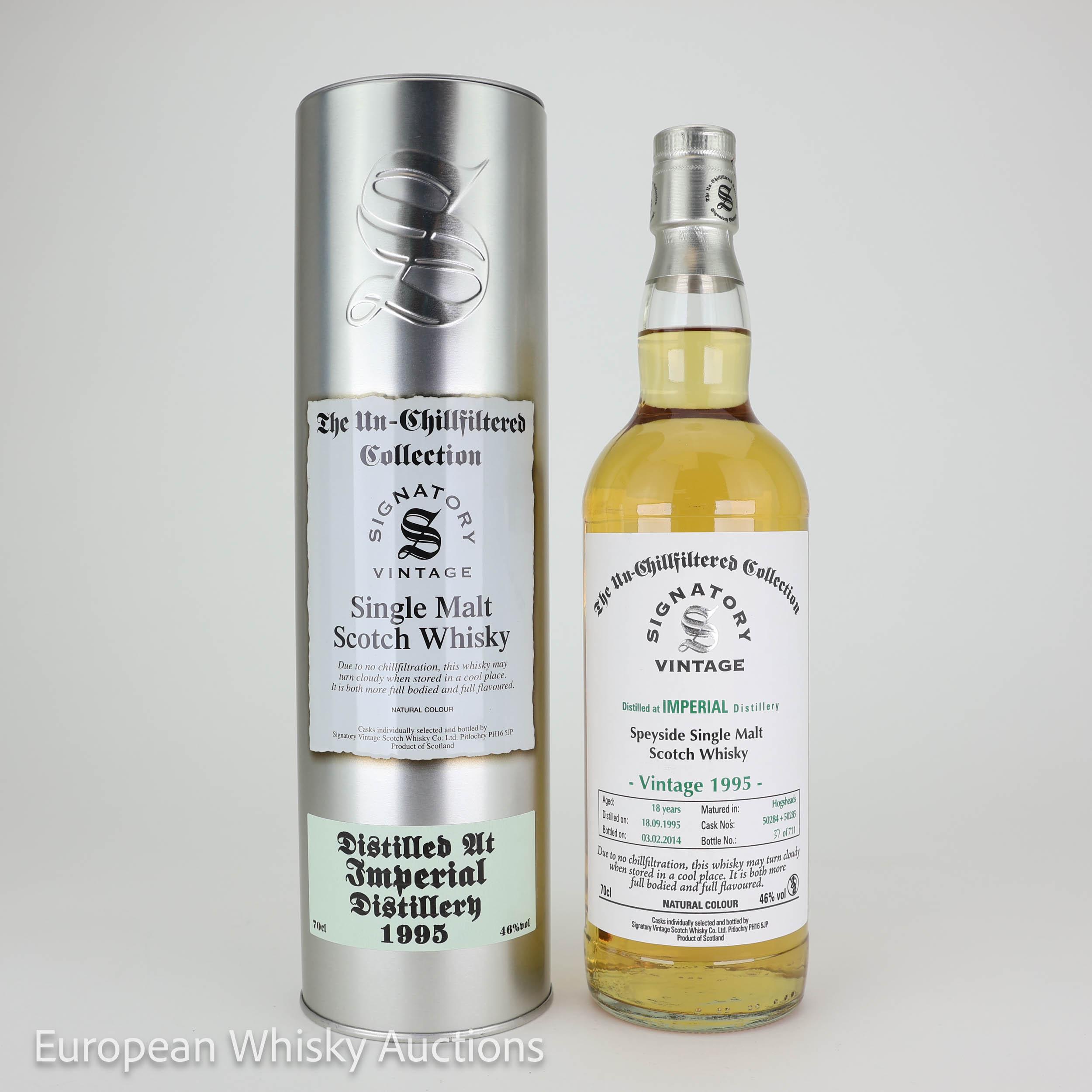 Imperial The Un-Chillfiltered Collection 18 Year Old, Hogshead Cask, Cask #50284 + 50285, Lot No. 14739, 1995, Signatory Vintage, 46% whisky bottle