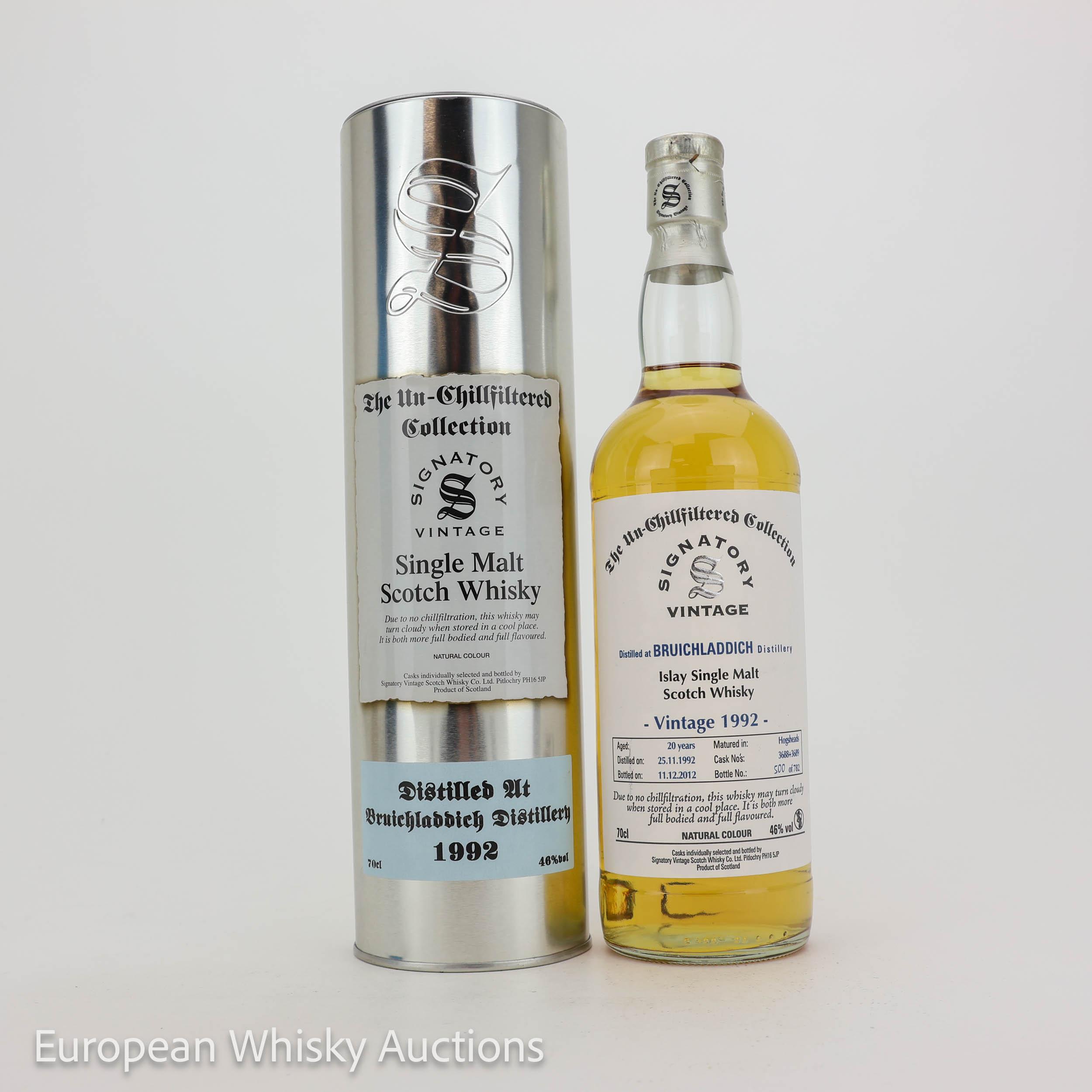 Bruichladdich The Un-Chillfiltered Collection 20 Year Old, Hogshead Cask, Cask #3688 & 89, 1992, Signatory Vintage, 46% whisky bottle