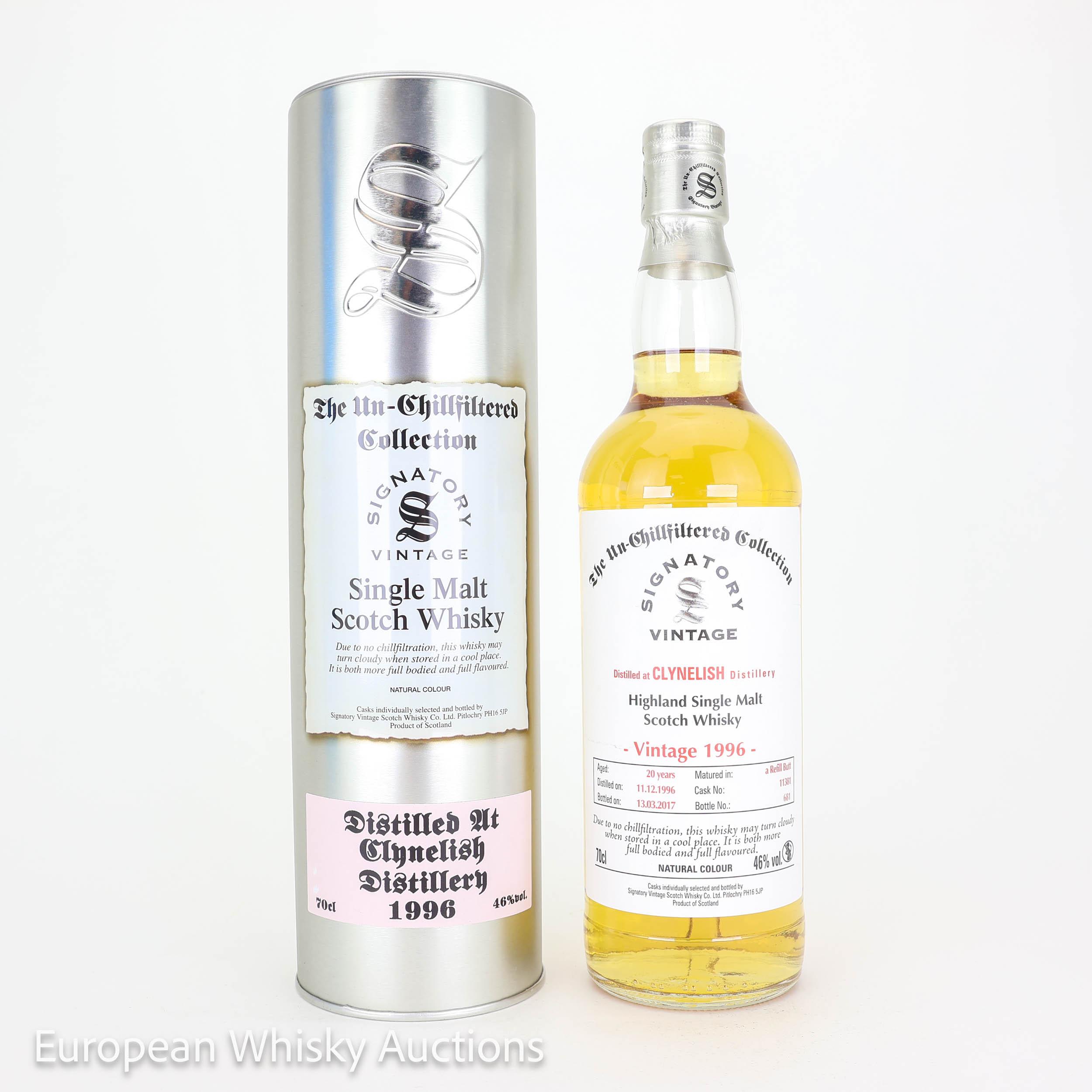 Clynelish The Un-Chillfiltered Collection 20 Year Old, Refill Butt Cask, Cask #11381, 1996, Signatory Vintage, 46% whisky bottle