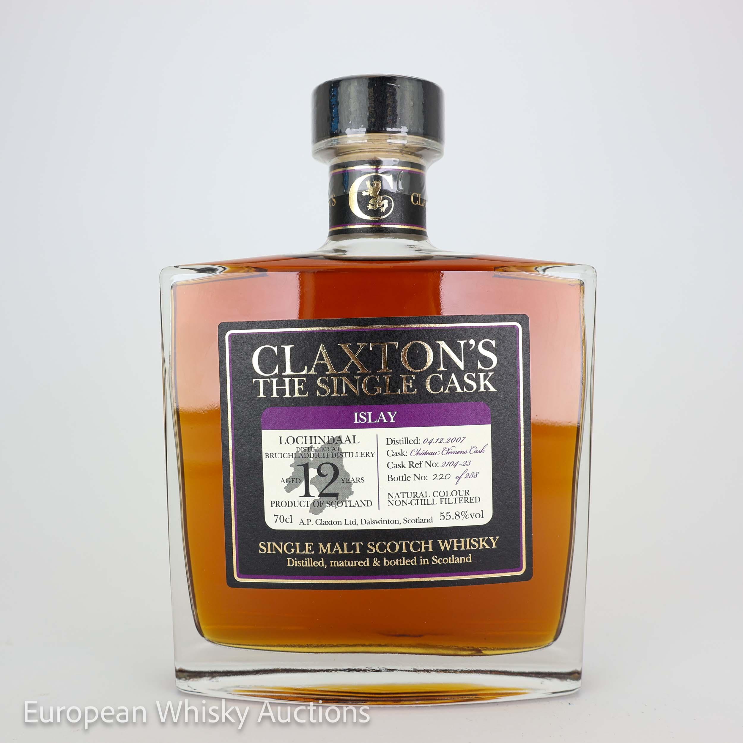 Lochindaal The Single Cask #12 Year Old, Château Climens Cask, Cask #2104-23, 2007, Claxton's, 55.8% whisky bottle