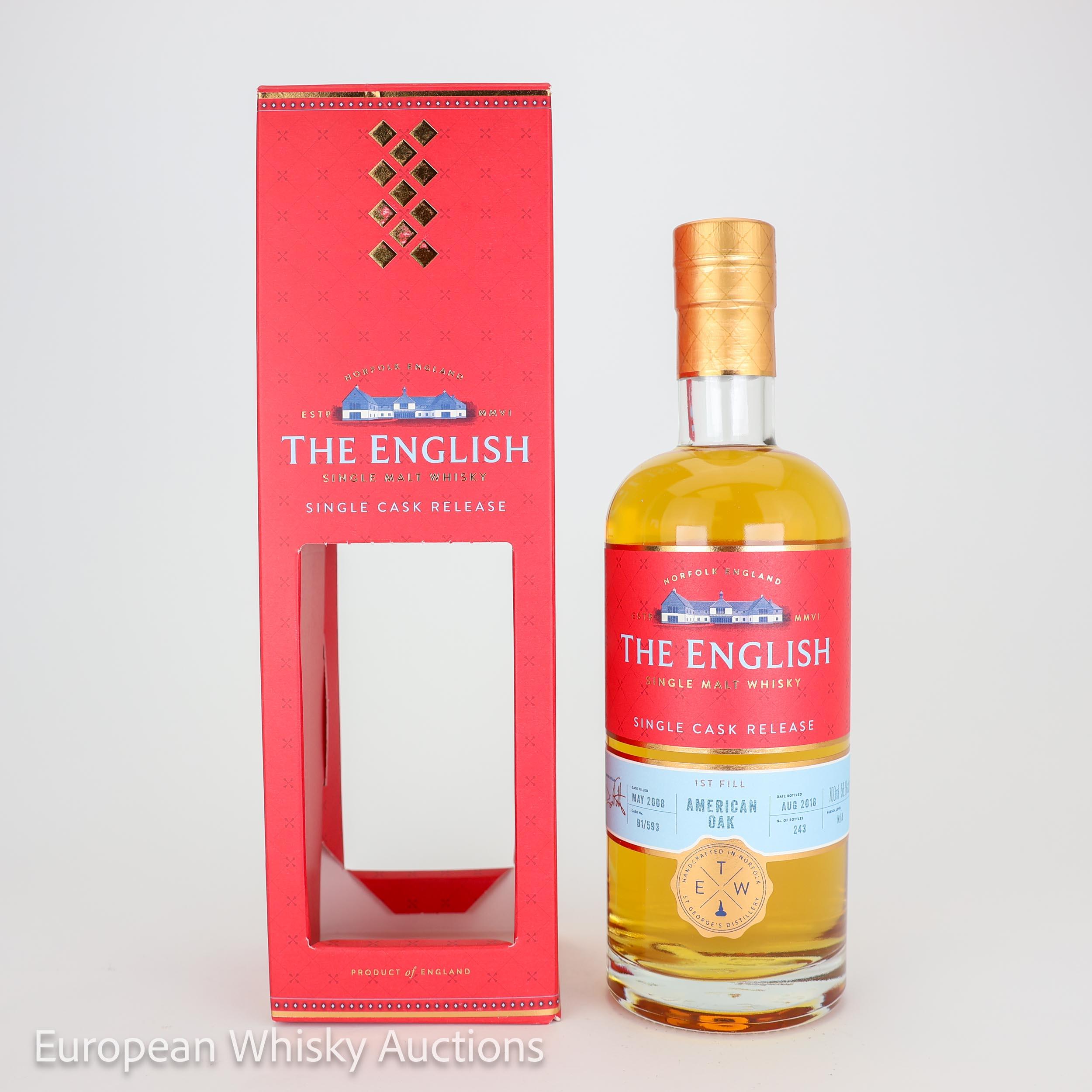 St. George's Distillery The English Single Cask Release 10 Year Old, Bourbon Cask, Cask #B1/593, 2018, 58.1% whisky bottle
