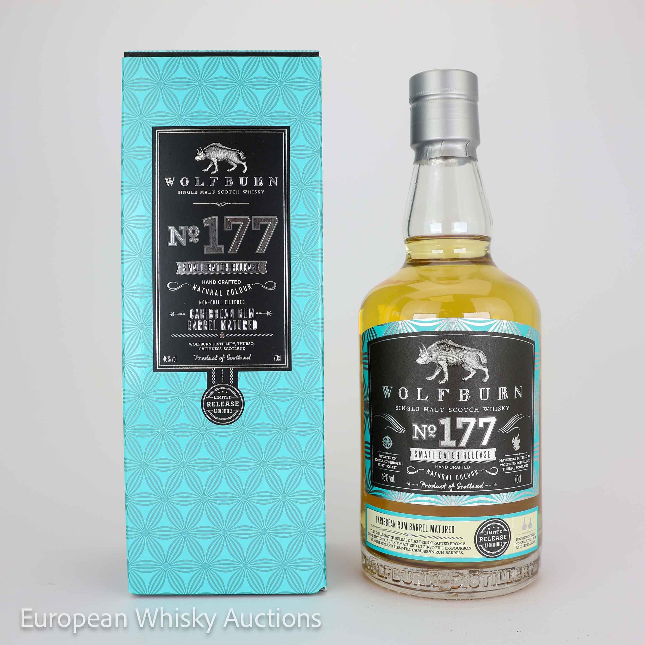 Wolfburn No. 177 Small Batch Release 7 Year Old, Bourbon & Caribbean Rum Cask, Batch No. 177, 2023, 46% whisky bottle