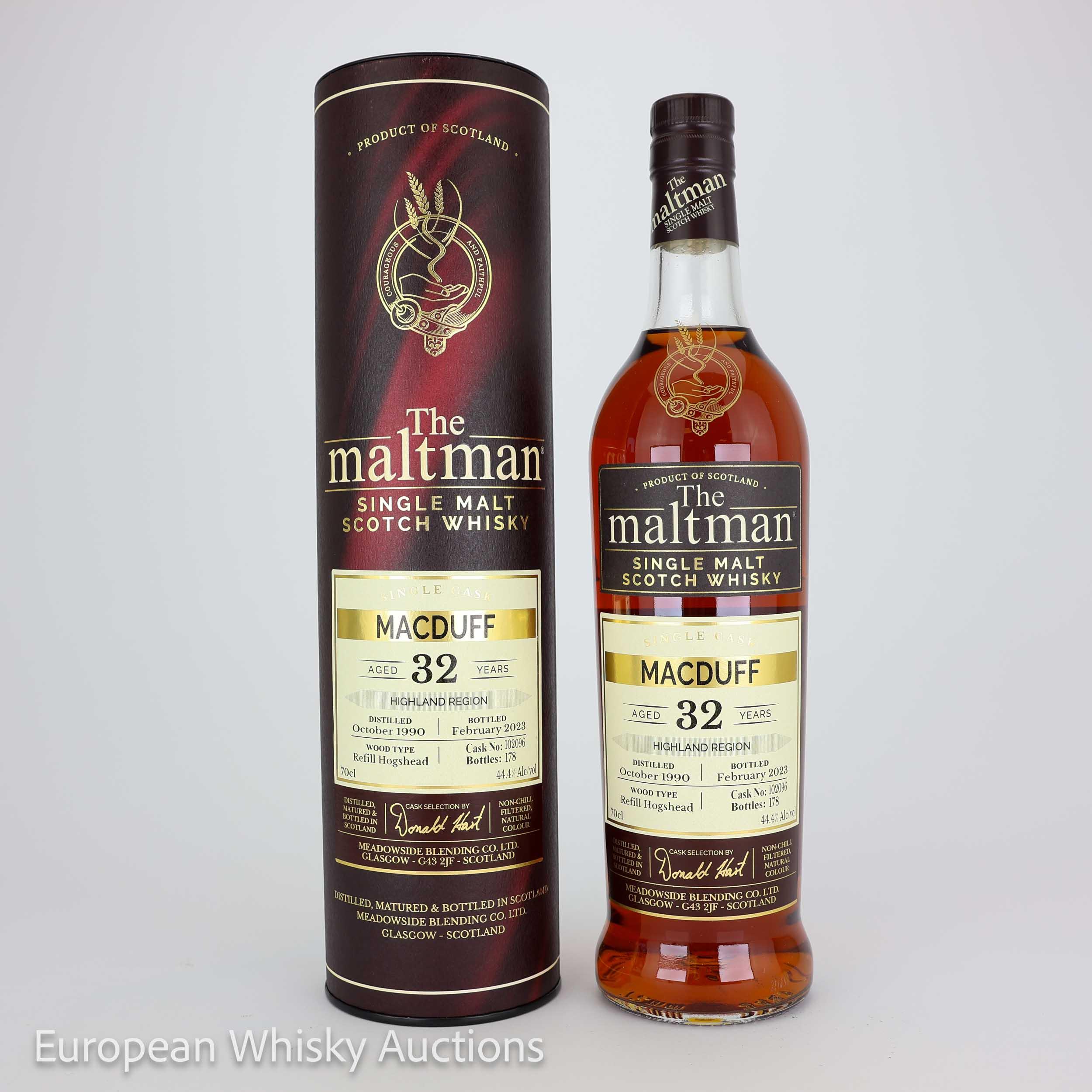 Macduff The Maltman 32 Year Old, Refill Hogshead Cask, Cask #102096, 1990, Meadowside Blending, 44.4% whisky bottle