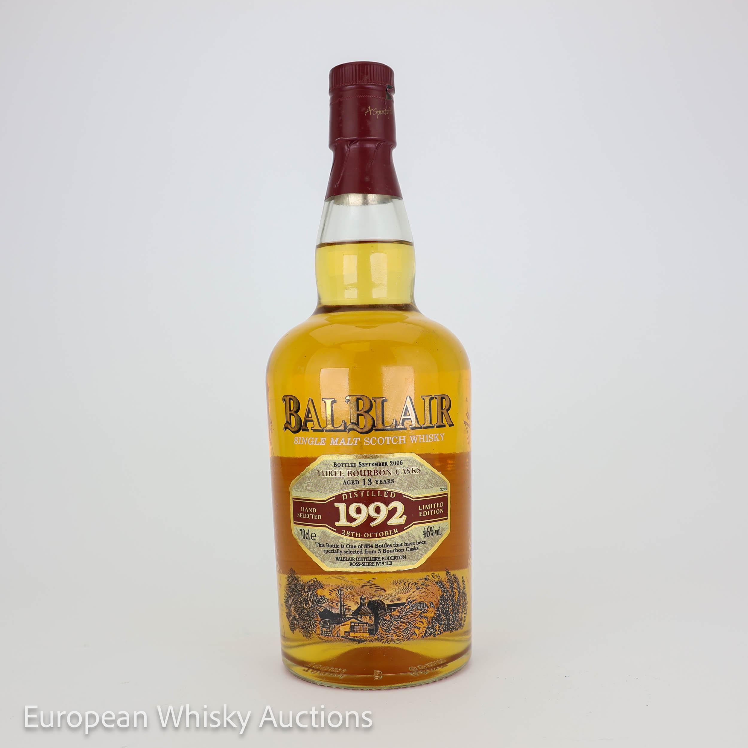 Balblair 1992 13 Year Old, Bourbon Cask, Cask #3000, 3007, 3008, 2005, 46% whisky bottle