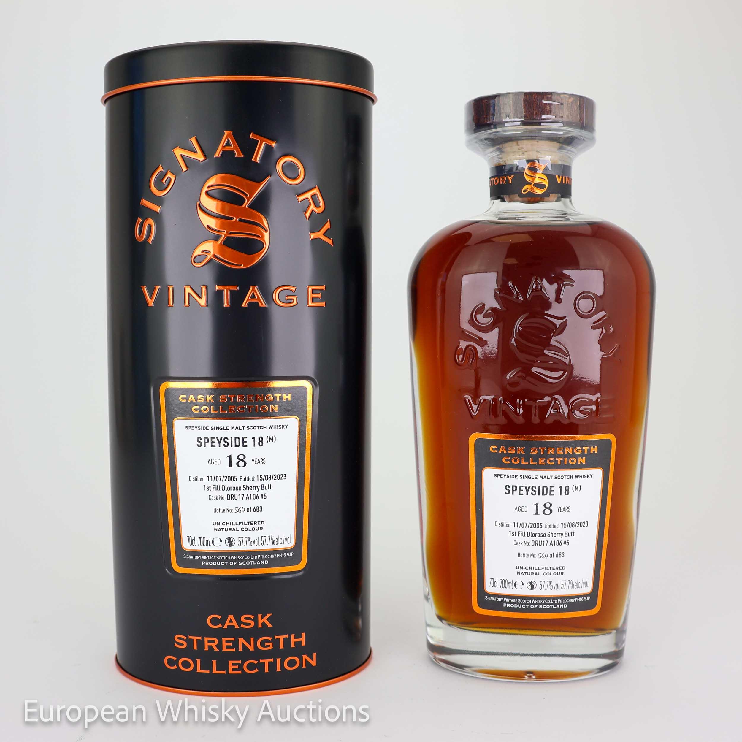 Speyside (M) Cask Strength Collection 18 Year Old, Oloroso Sherry Cask, Cask #DRU17 A106 #5, 2005, Signatory Vintage, 57.7% whisky bottle