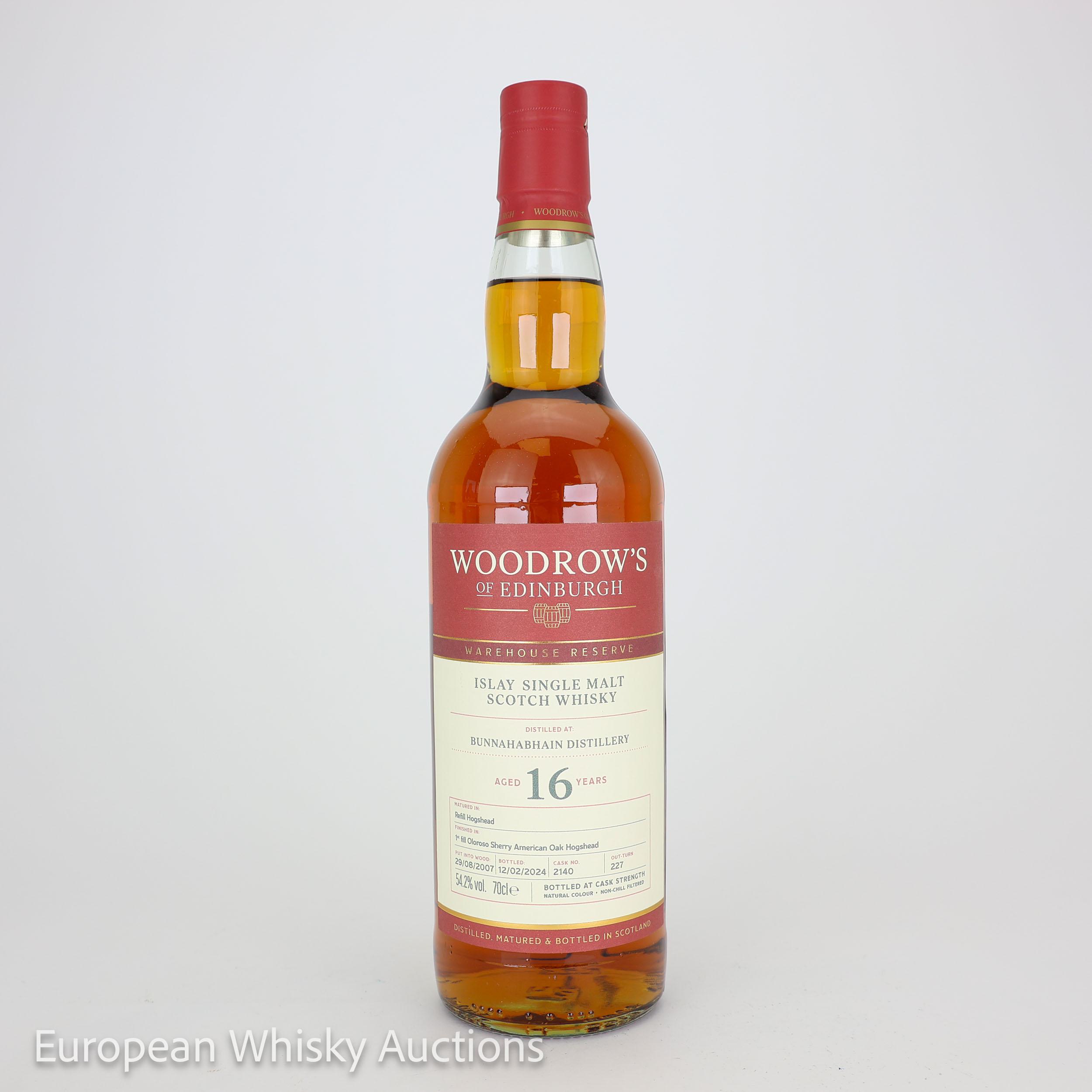 Bunnahabhain Warehouse Reserve 16 Year Old, Sherry Cask, Cask #2140, 2007, Woodrow's of Edinburgh, 54.2% whisky bottle