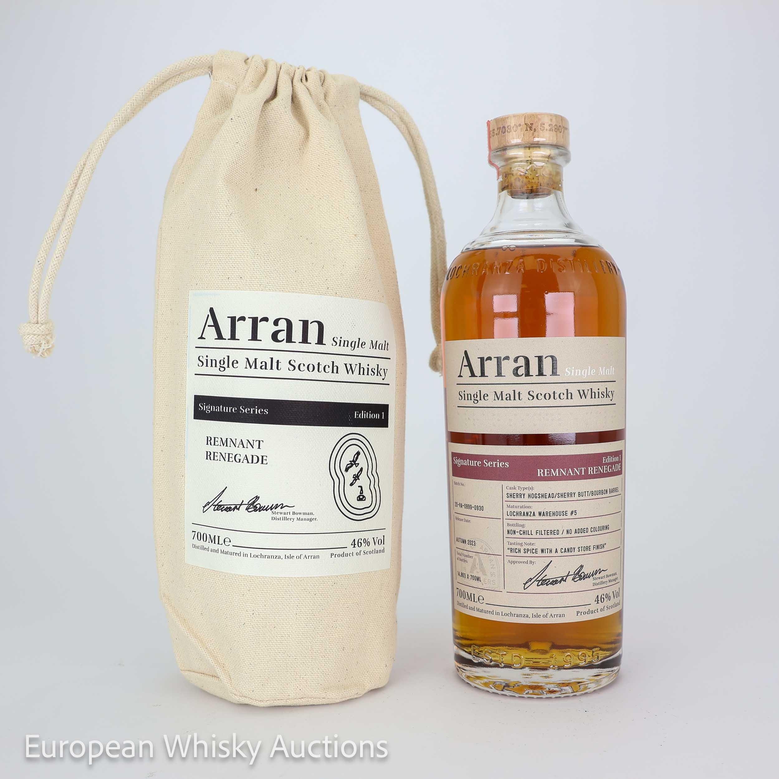 Arran Signature Series Remnant Renegade, Sherry & Bourbon Cask, Edition No. 1, 2023, 46% whisky bottle