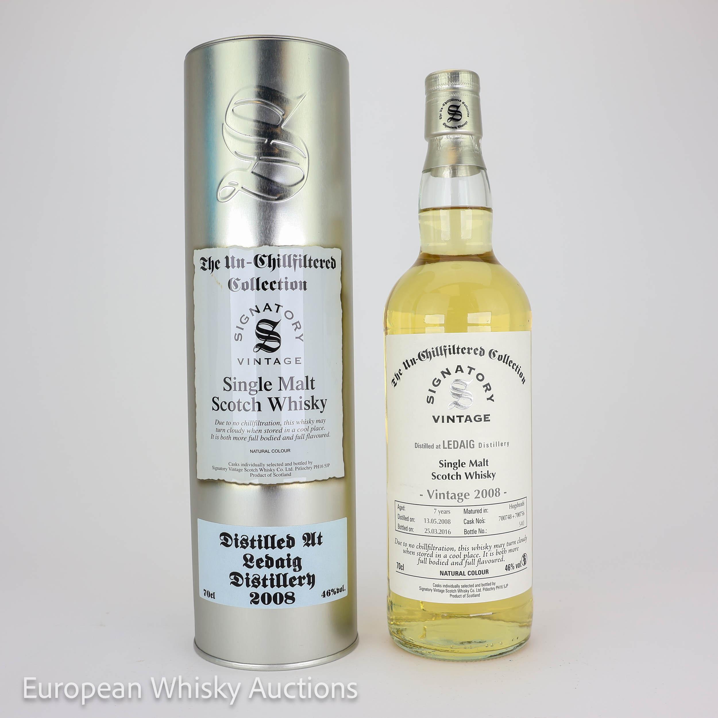 Ledaig The Un-Chillfiltered Collection 7 Year Old, Hogshead Cask, Cask #700748 & #700756, 2008, Signatory Vintage, 46% whisky bottle