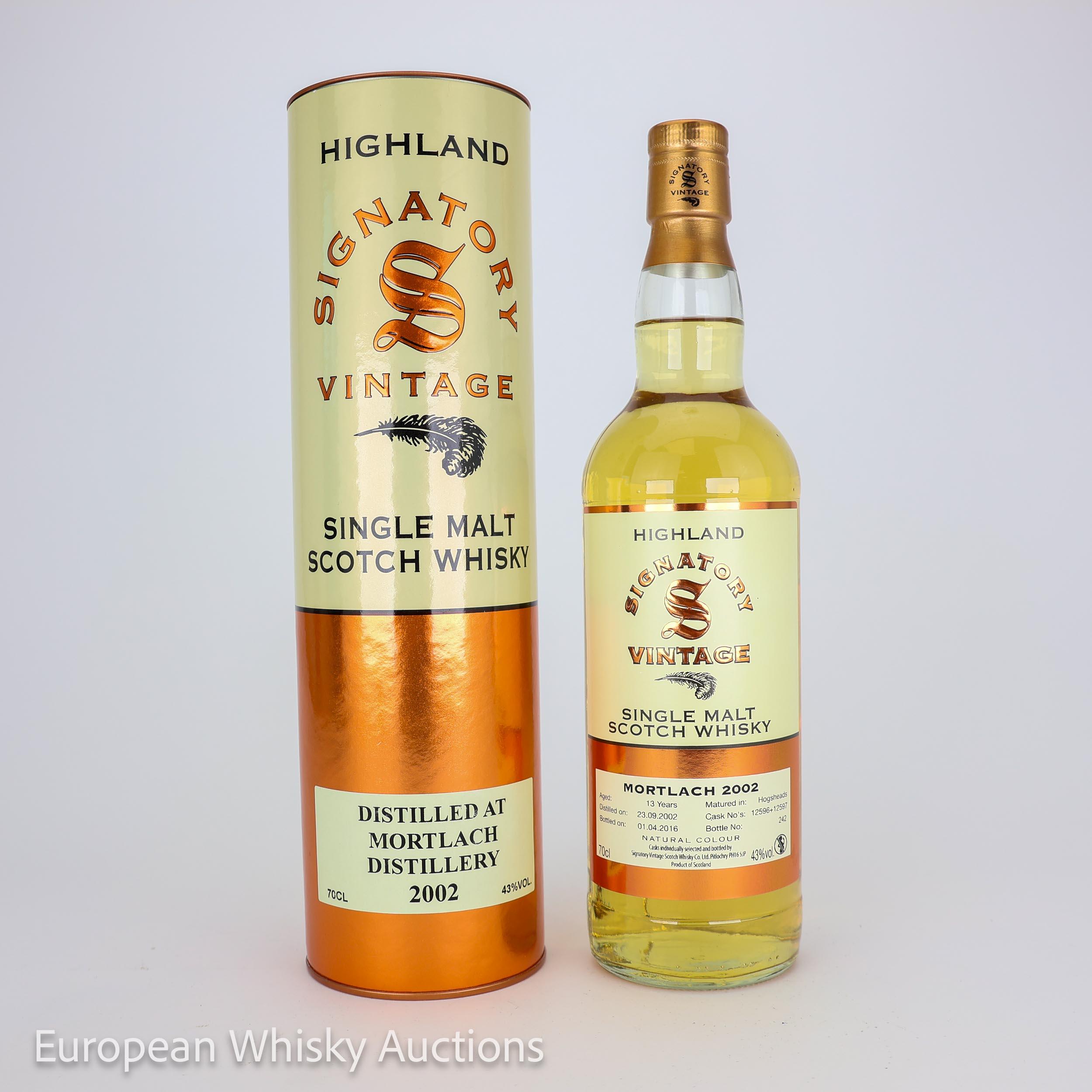 Mortlach 13 Year Old, Hogshead Cask, Cask #12596 & #12597, 2002, Signatory Vintage, 43% whisky bottle
