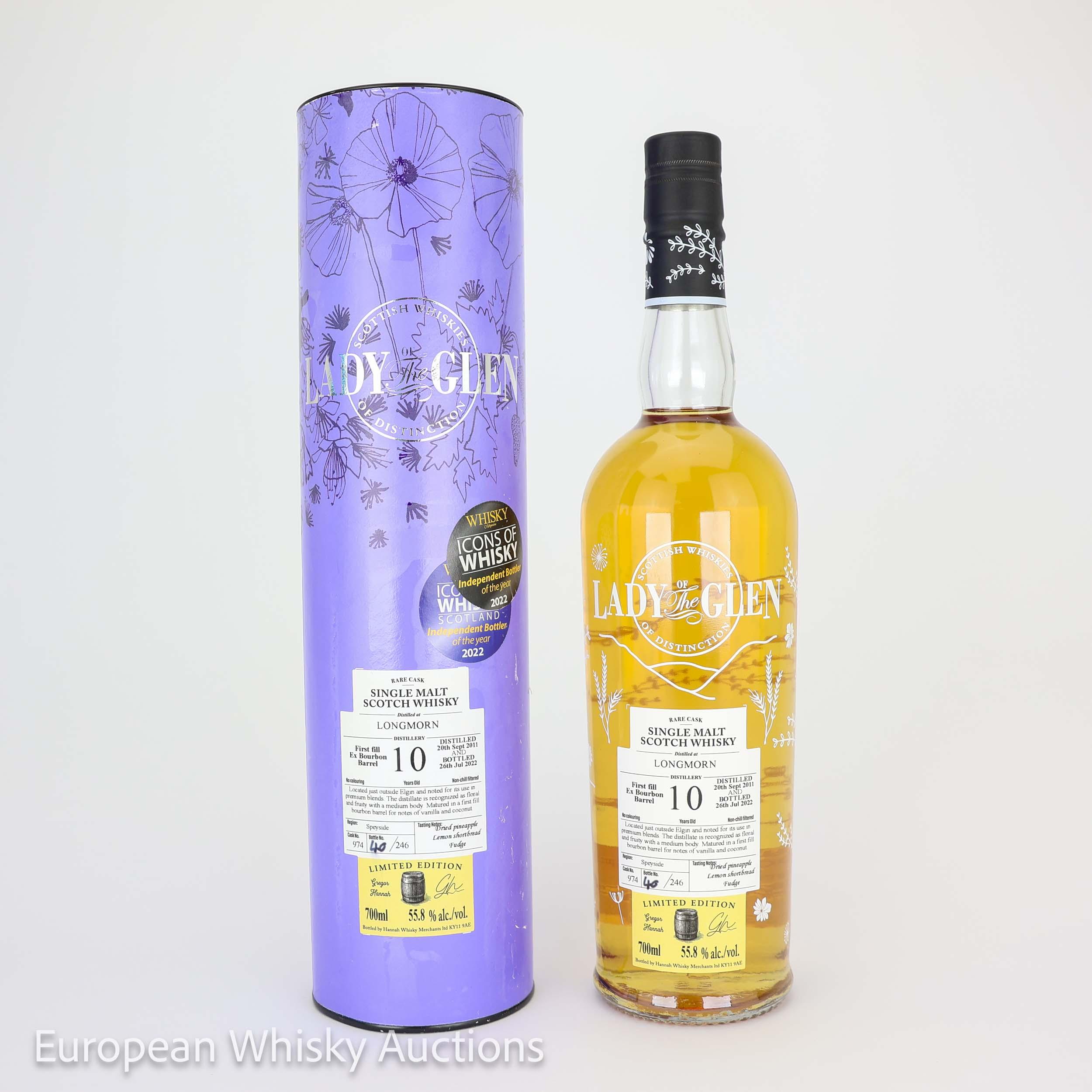 Longmorn Rare Cask 10 Year Old, First Fill Ex Bourbon Barrel Cask, Cask #974, 2011, Lady of the Glen, 55.8% whisky bottle