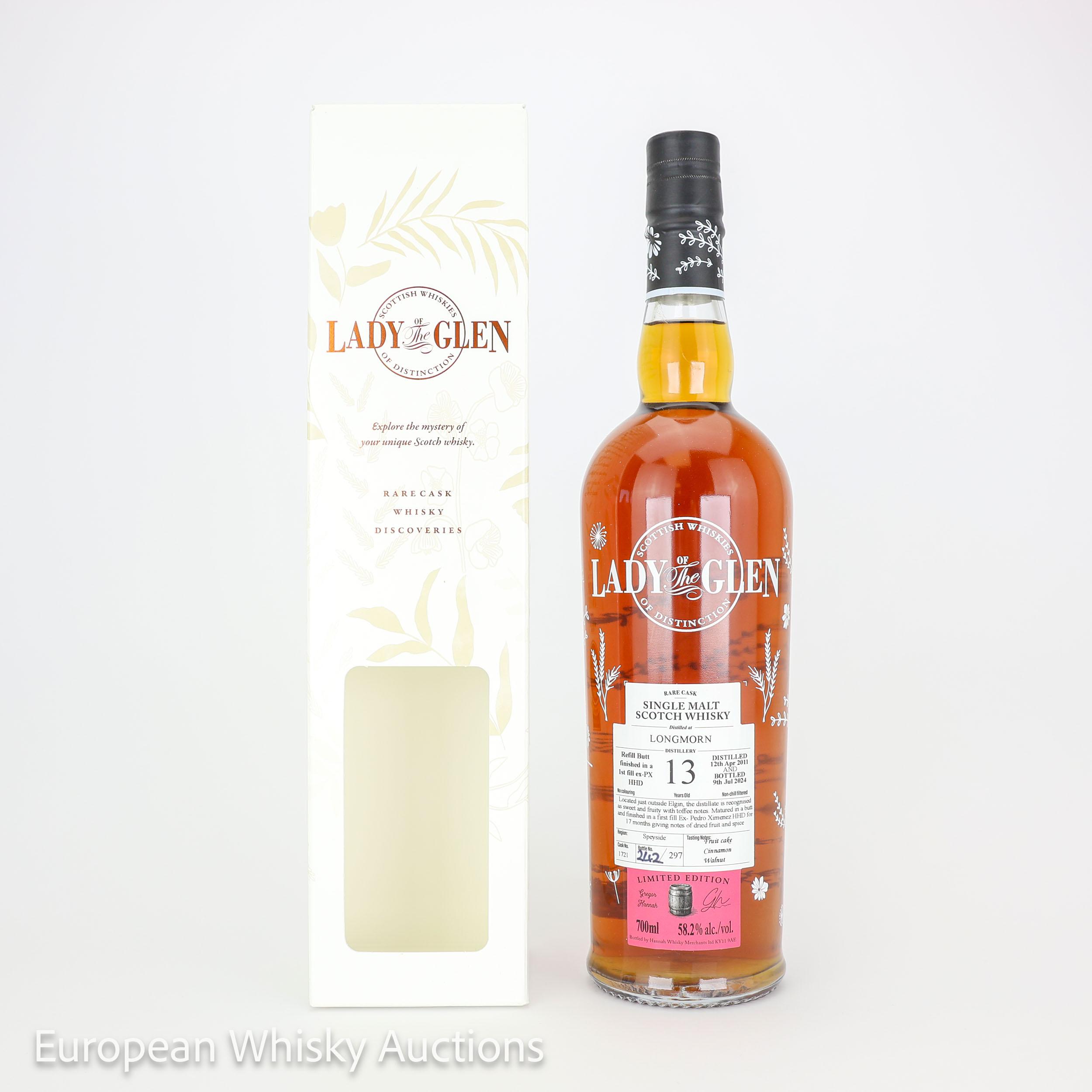 Longmorn Lady of the Glen 13 Year Old, PX Hogshead Cask, Cask #1721, 2011, Lady of the Glen, 58.2% whisky bottle