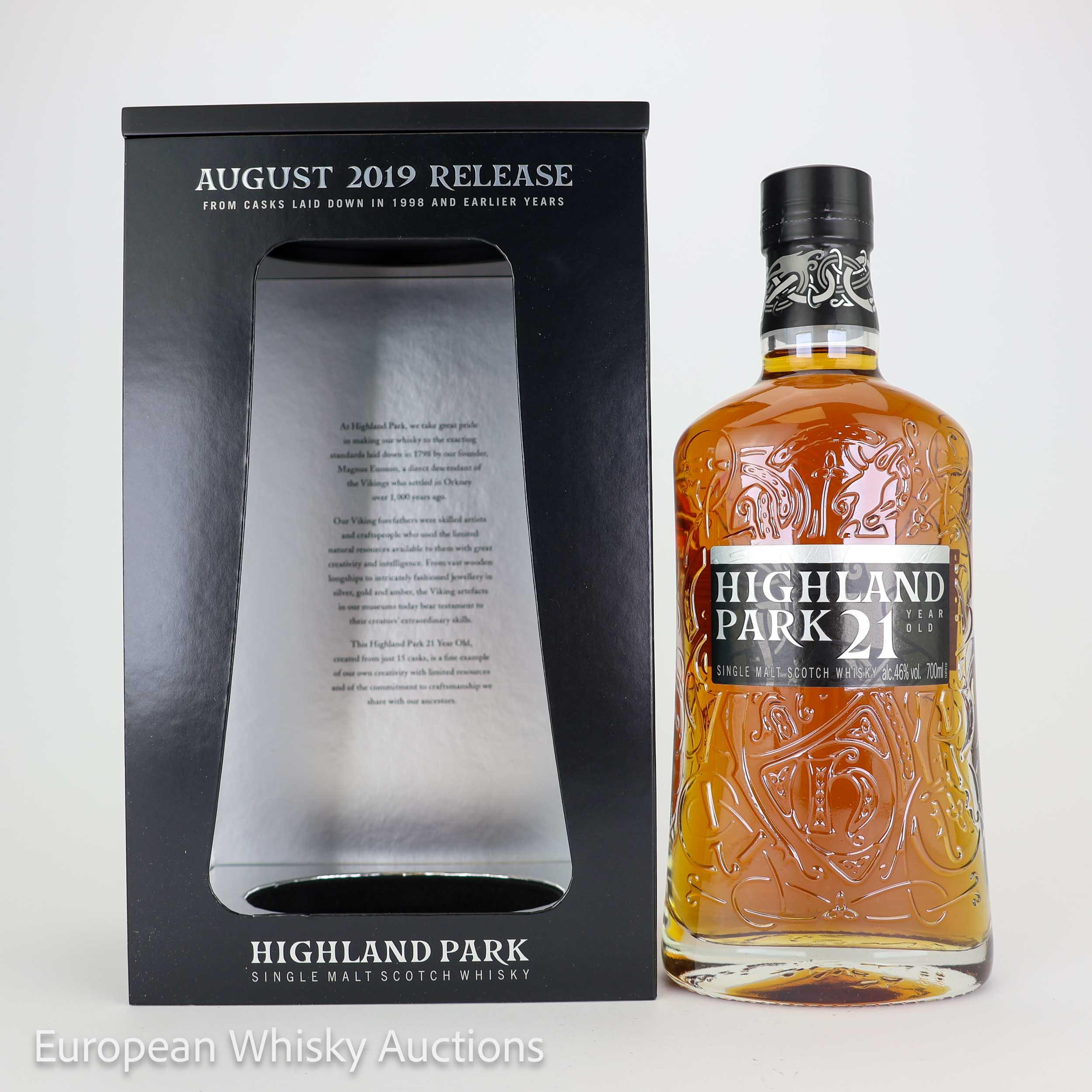 Highland Park 21 Year Old, August 2019 Release, European & American Sherry Oak, Bourbon & Refill Cask, 46% whisky bottle