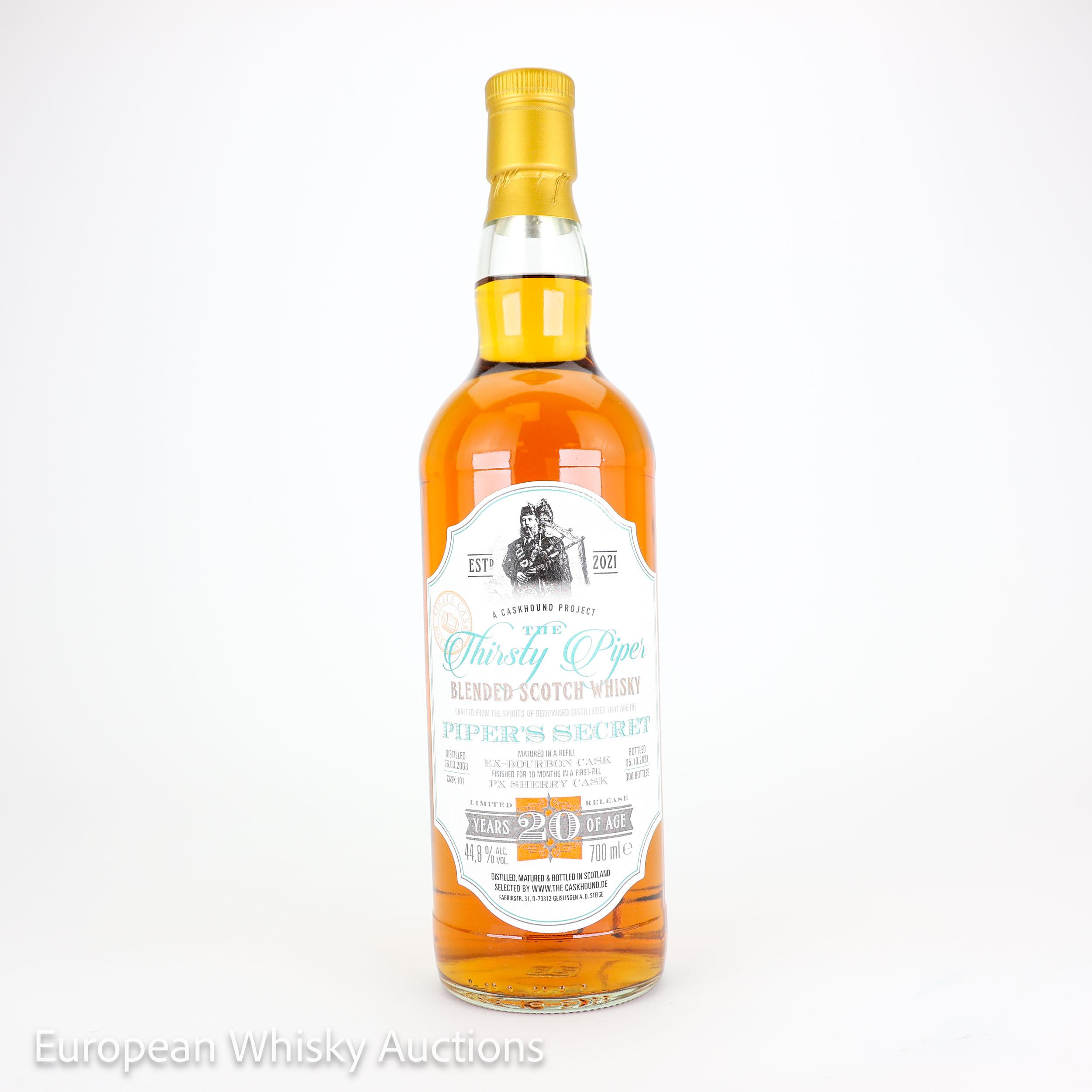 Undisclosed The Thirsty Piper Piper's Secret 20 Year Old, Bourbon & Sherry Cask, Cask #101, 2003, The Caskhound, 44.8% whisky bottle
