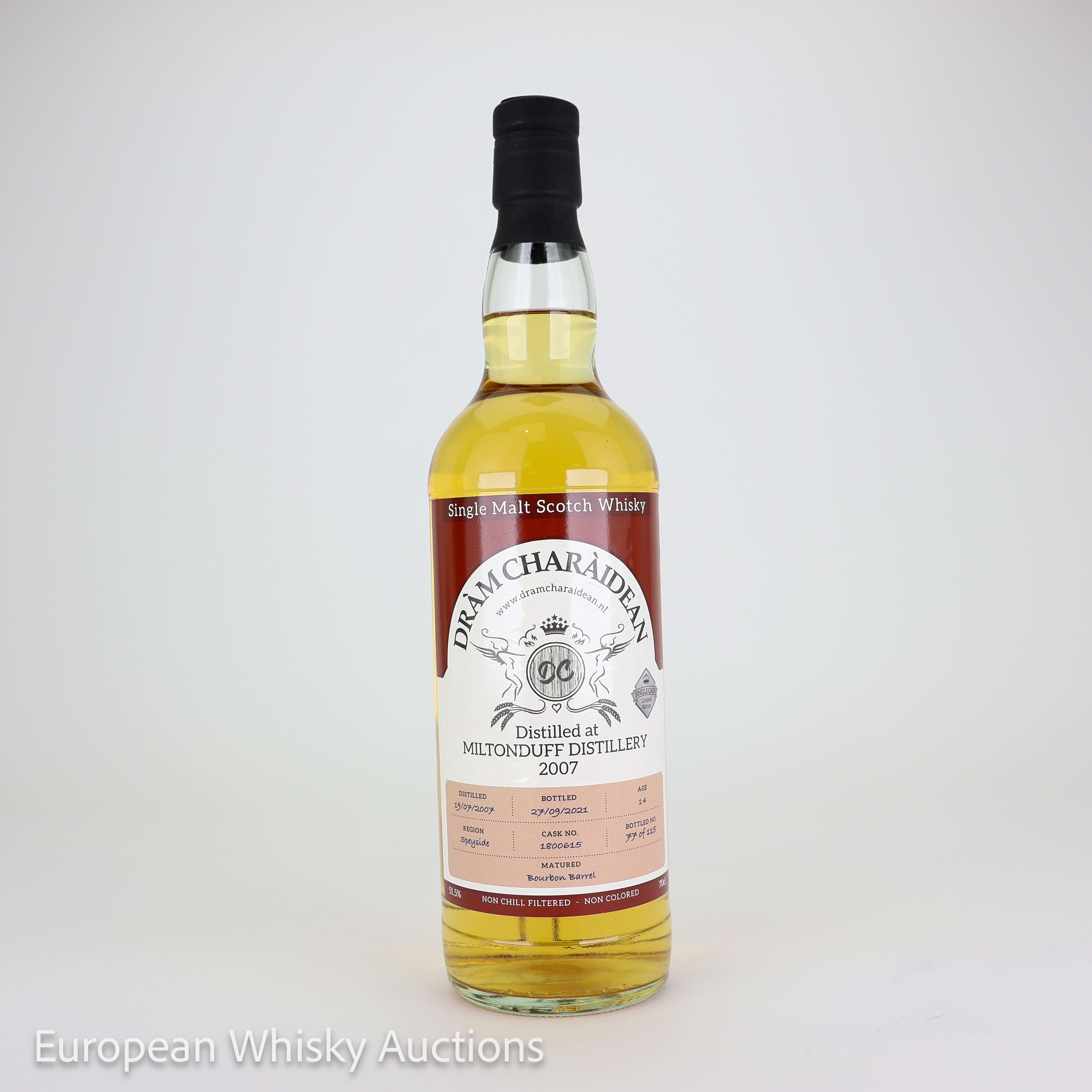 Miltonduff 14 Year Old, Bourbon Cask, Cask #1800615, 2007, Dram Charaidean, 51.5% whisky bottle
