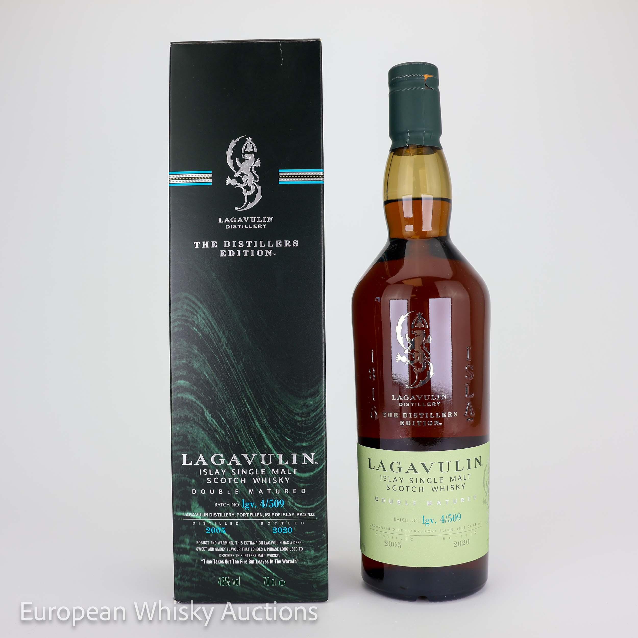 Lagavulin The Distillers Edition 15 Year Old, Bourbon & Pedro Ximénez Sherry Cask, Batch No. Lgv. 4/509, 2020, 43% whisky bottle