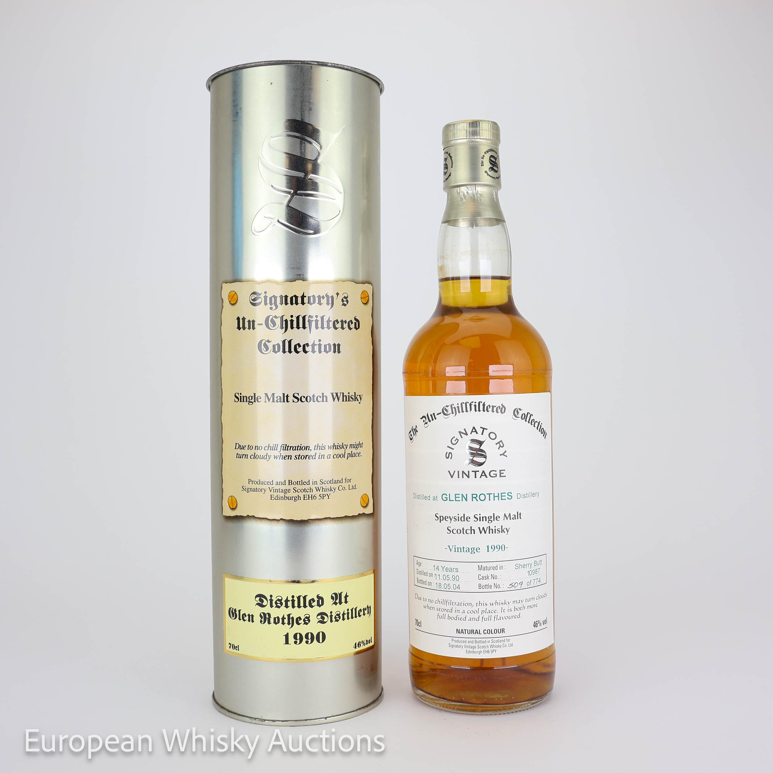 Glenrothes The Un-Chillfiltered Collection 14 Year Old, Sherry Cask, Cask #10987, 1990, Signatory Vintage, 46% whisky bottle