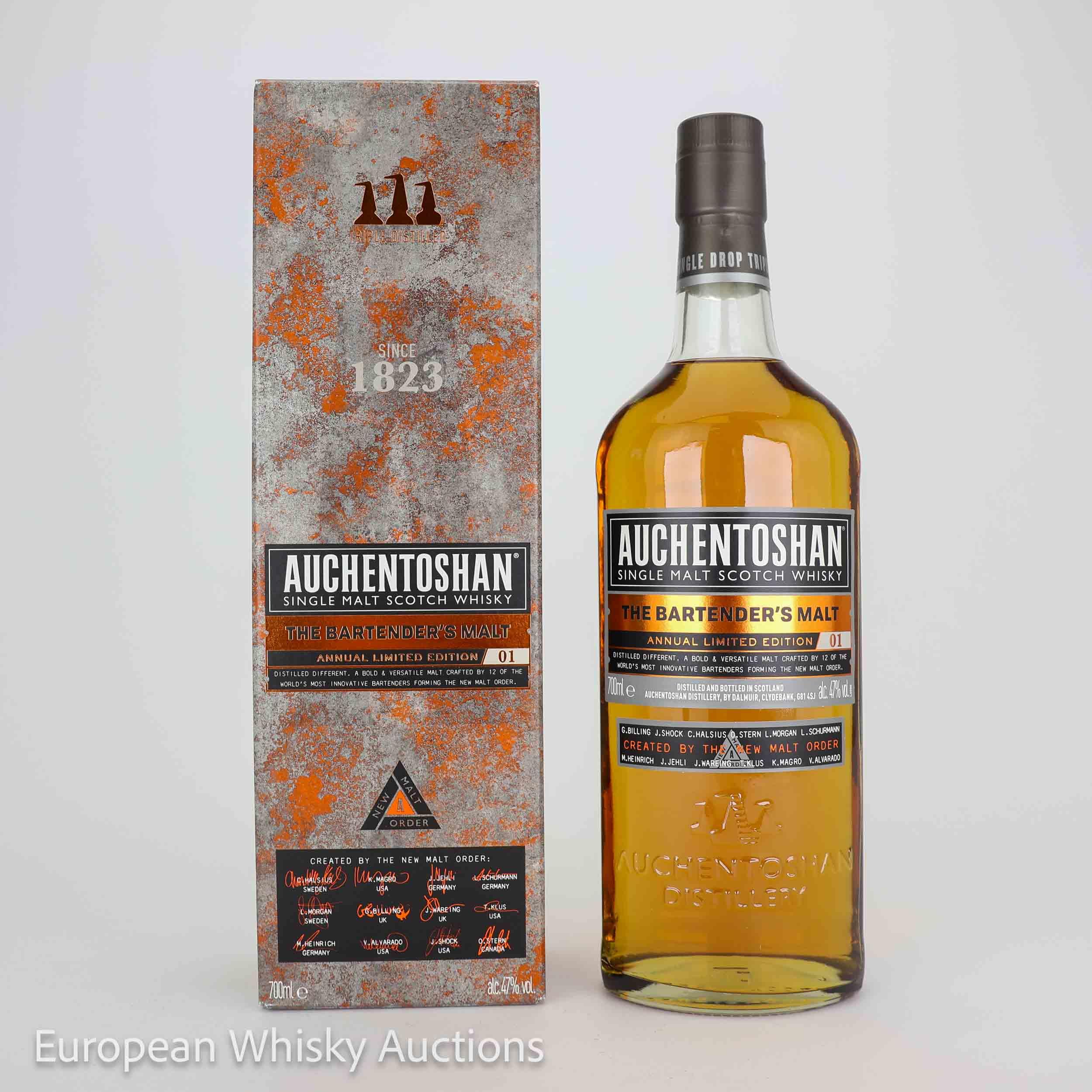 Auchentoshan The Bartender's Malt Edition #1, American Oak, European Oak, Red Wine, Sherry, Rum & German Oak Cask, Batch No. 1, 2017, 47% whisky bottle