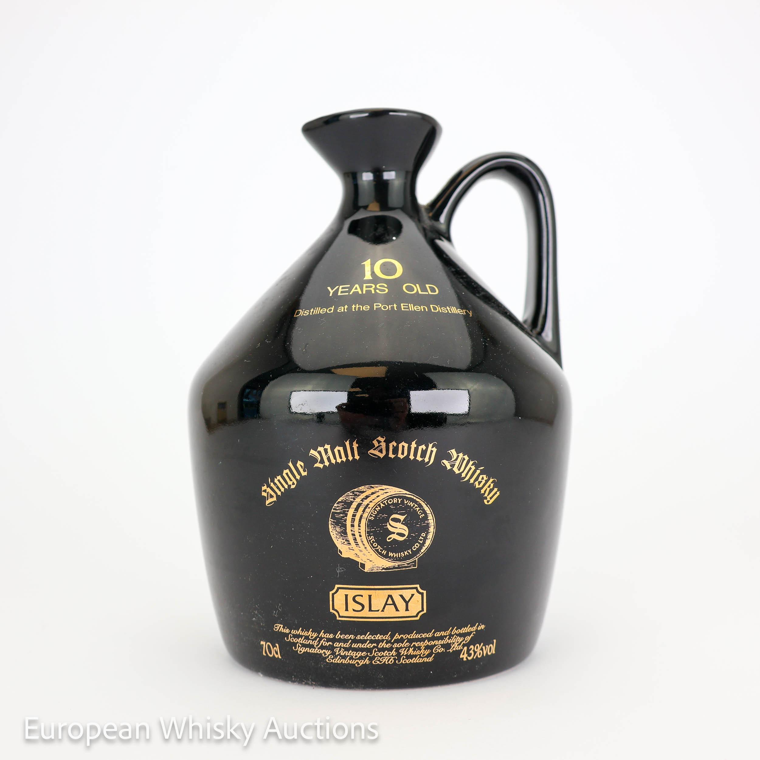 Port Ellen Black Ceramic Jug 10 Year Old, Signatory Vintage, 43% whisky bottle