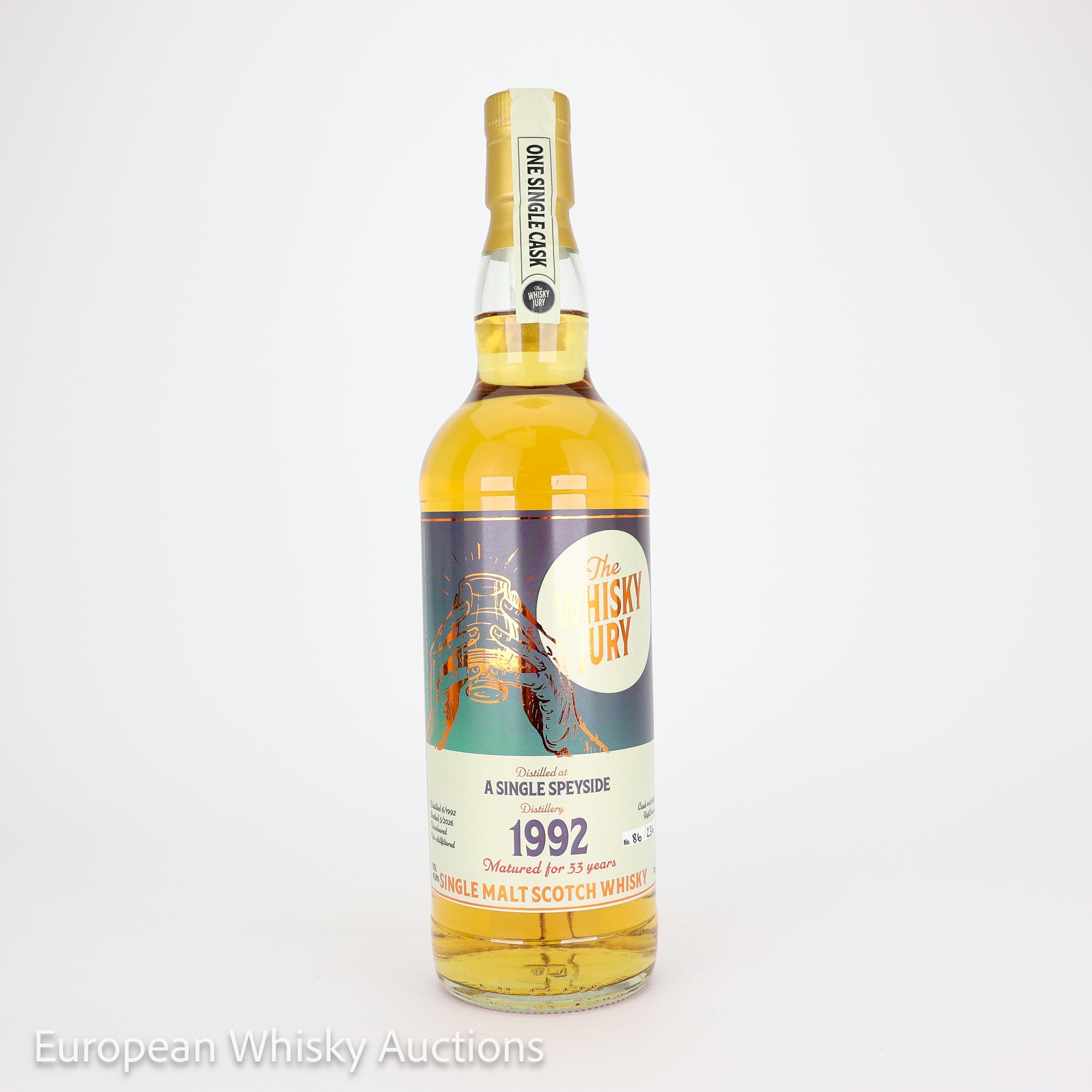 A Single Speyside Distillery 33 Year Old, Refill Barrel Cask, Cask #408880, 1992, The Whisky Jury, 47.8% whisky bottle