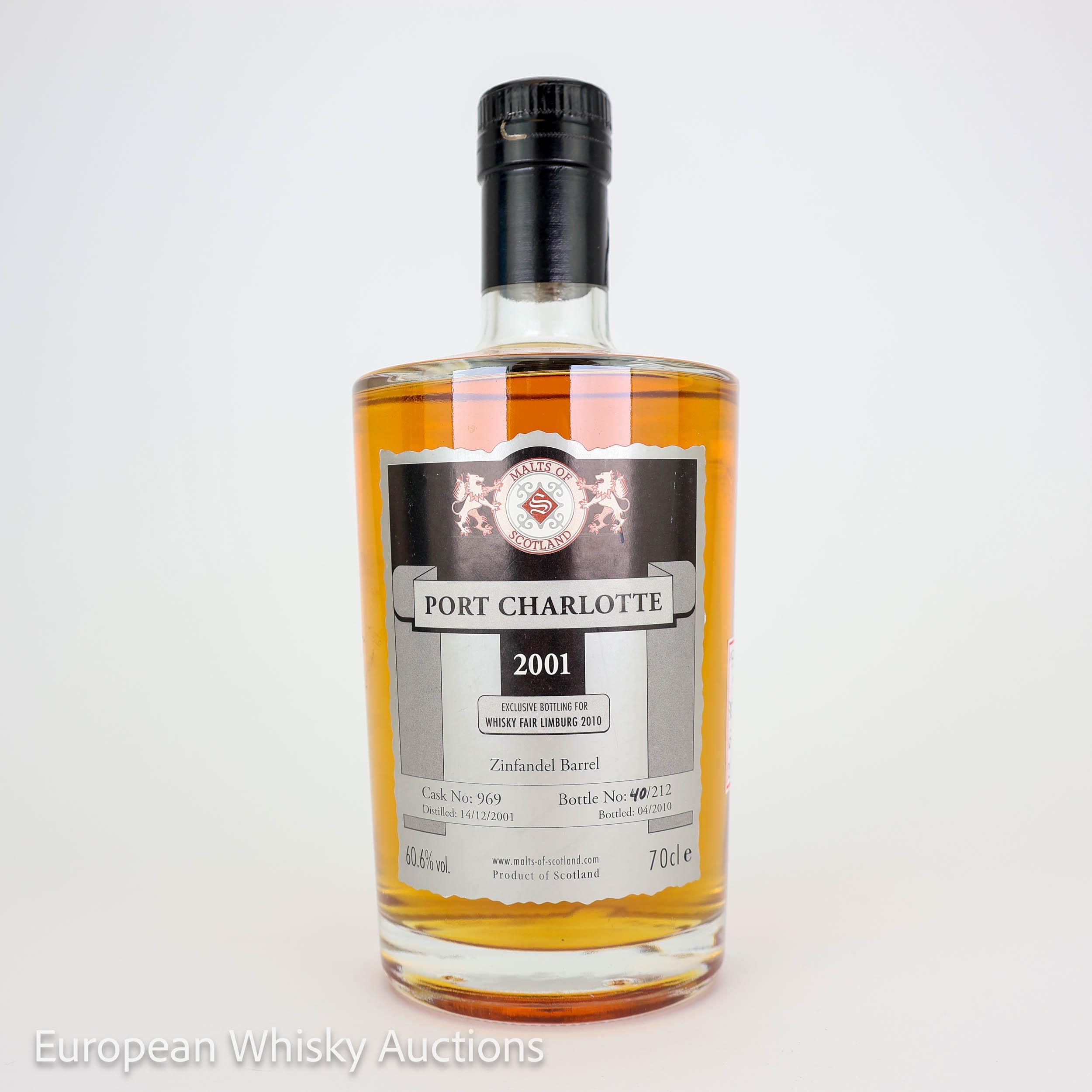 Bruichladdich Port Charlotte 9 Year Old, Zinfandel Barrel Cask, Cask #969, 2001, Malts of Scotland, 60.6% whisky bottle
