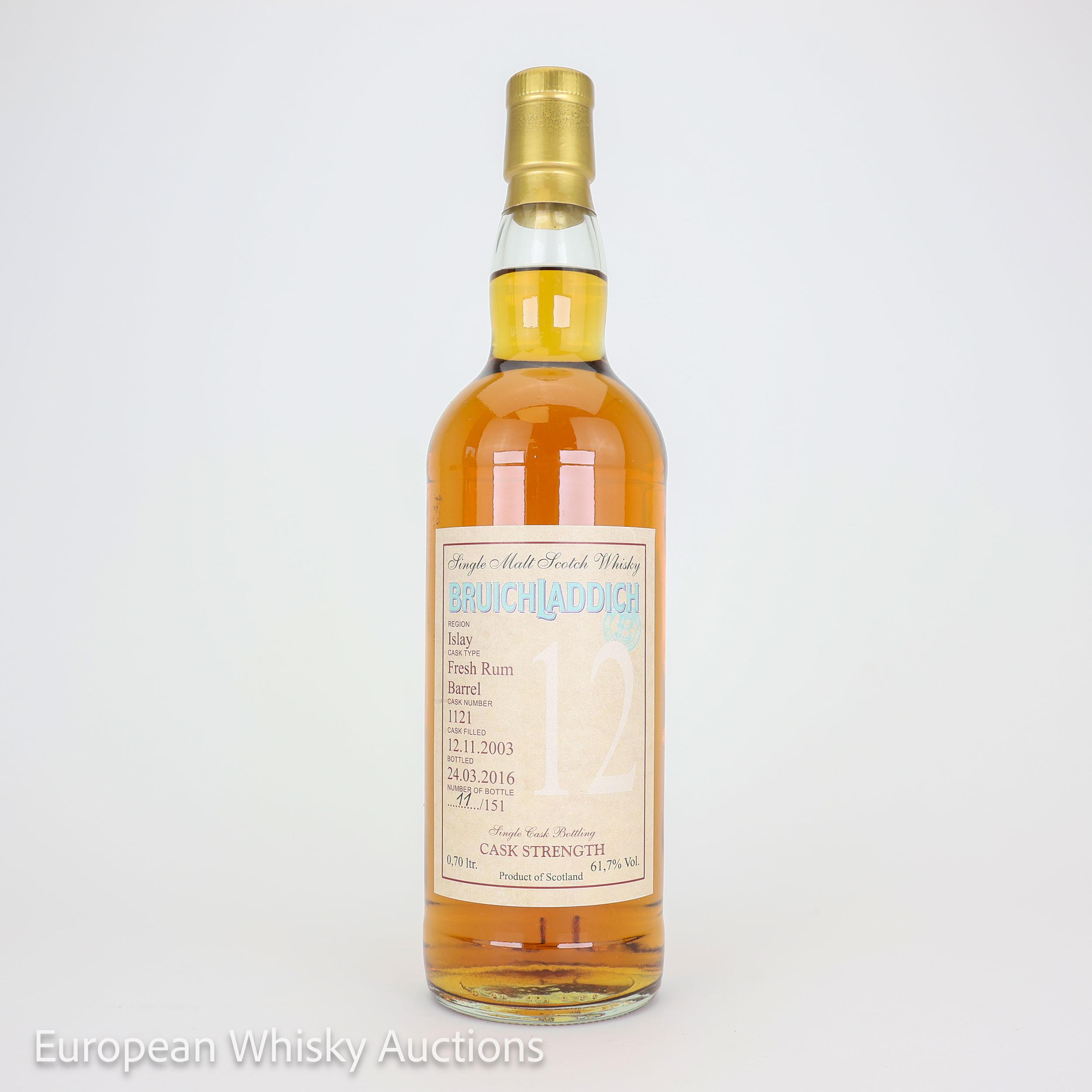 Bruichladdich 12 Year Old, Fresh Rum Cask, Cask #1121, 2016, 61.7% whisky bottle