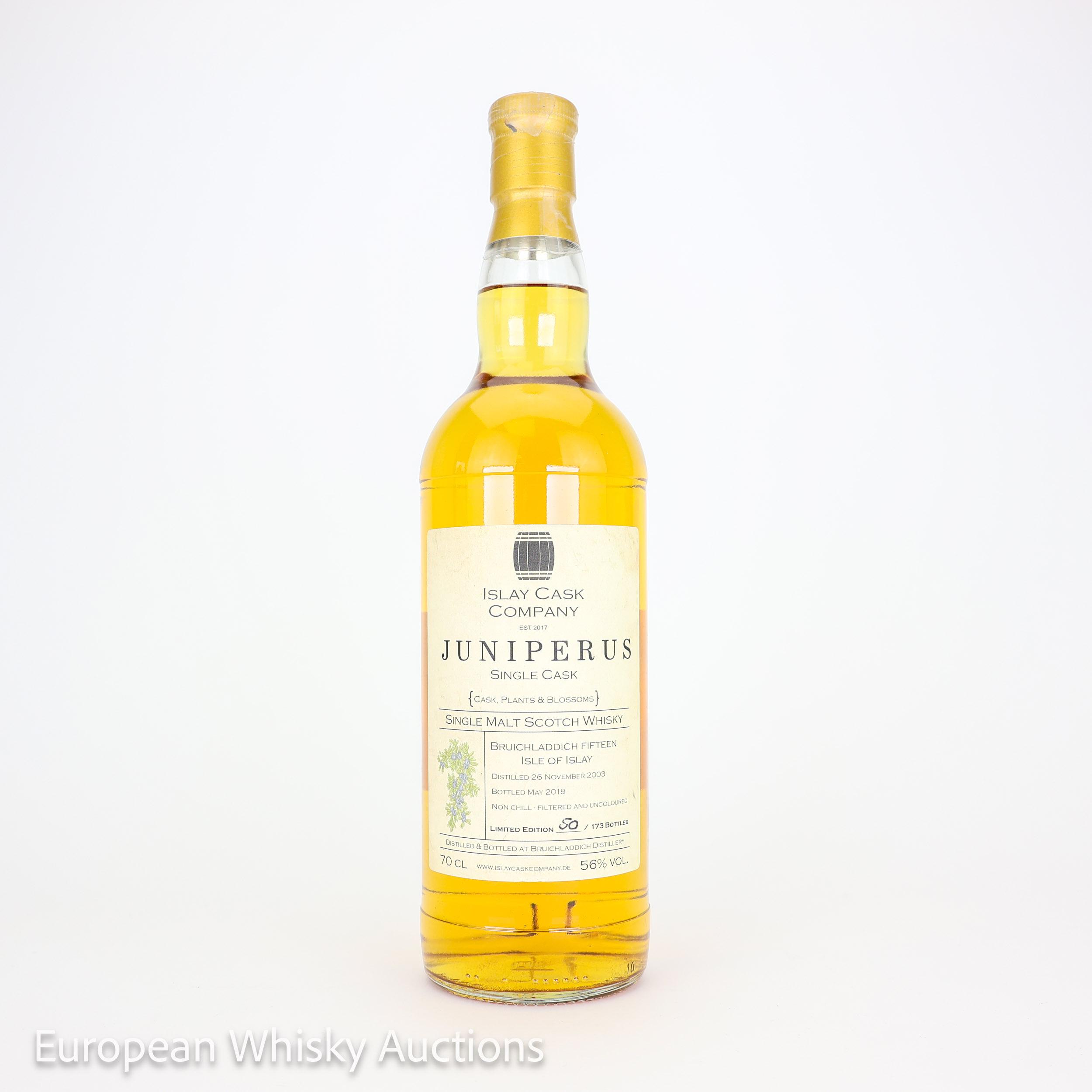 Bruichladdich Juniperus 15 Year Old, Bourbon Cask, Cask #1373, 2003, Islay Cask Company, 56% whisky bottle