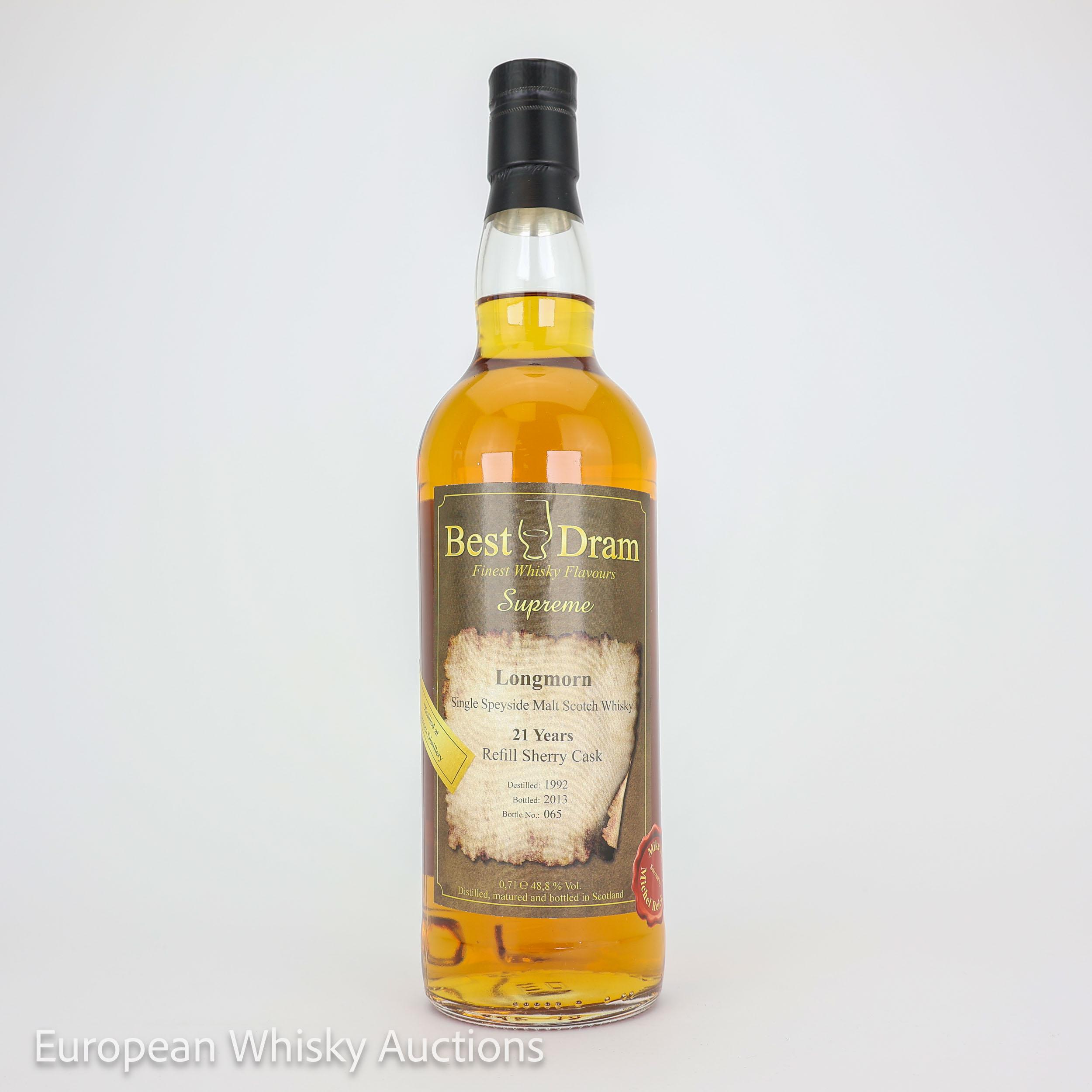 Longmorn Supreme 21 Year Old, Sherry Cask, 1992, Best Dram, 48.8% whisky bottle