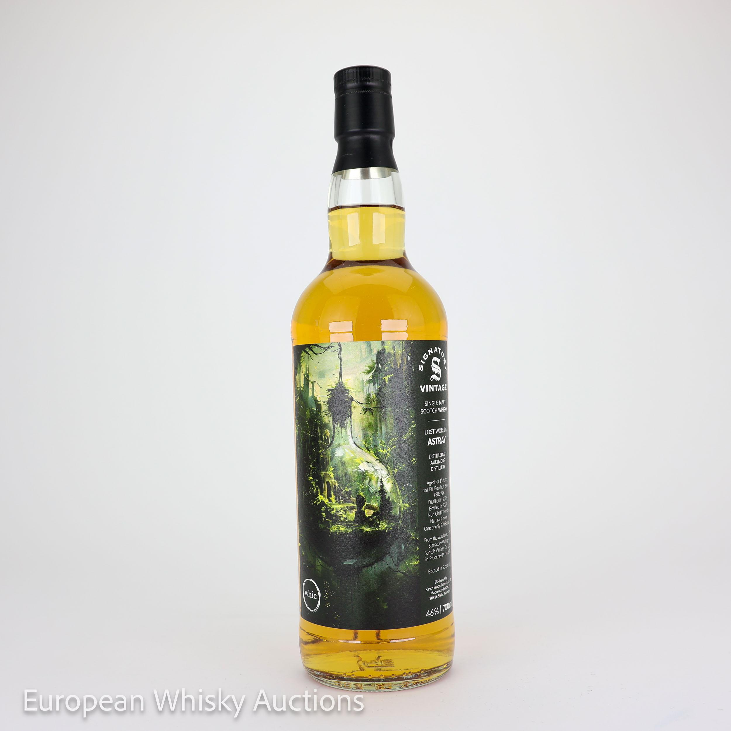 Aultmore Lost Worlds Astray 15 Year Old, 1st Fill Ex-Bourbon Barrel Cask, Cask #303226, 2009, Signatory Vintage, 46% whisky bottle