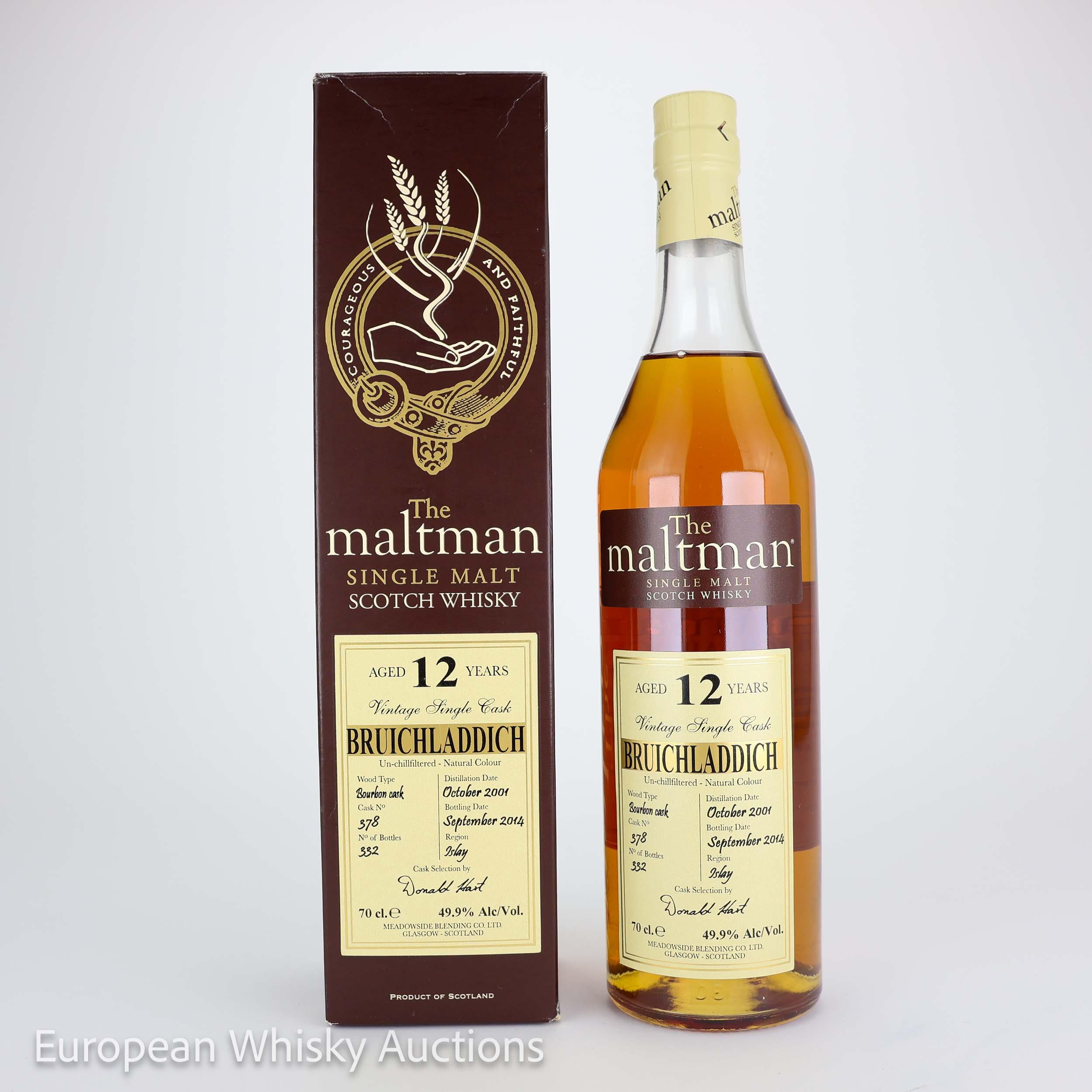 Bruichladdich The Maltman 12 Year Old, Bourbon Cask, Cask #378, 2001, Meadowside Blending, 49.9% whisky bottle