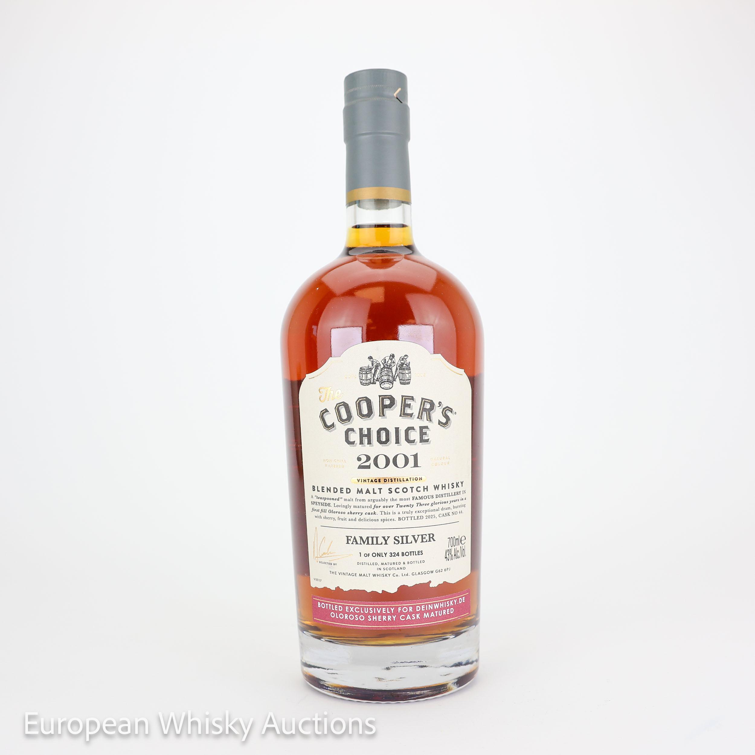 Undisclosed Scottish distillery The Cooper's Choice - Family Silver 23 Year Old, Sherry Cask, Cask #44, 2001, The Vintage Malt Whisky Co Ltd., 43% whisky bottle