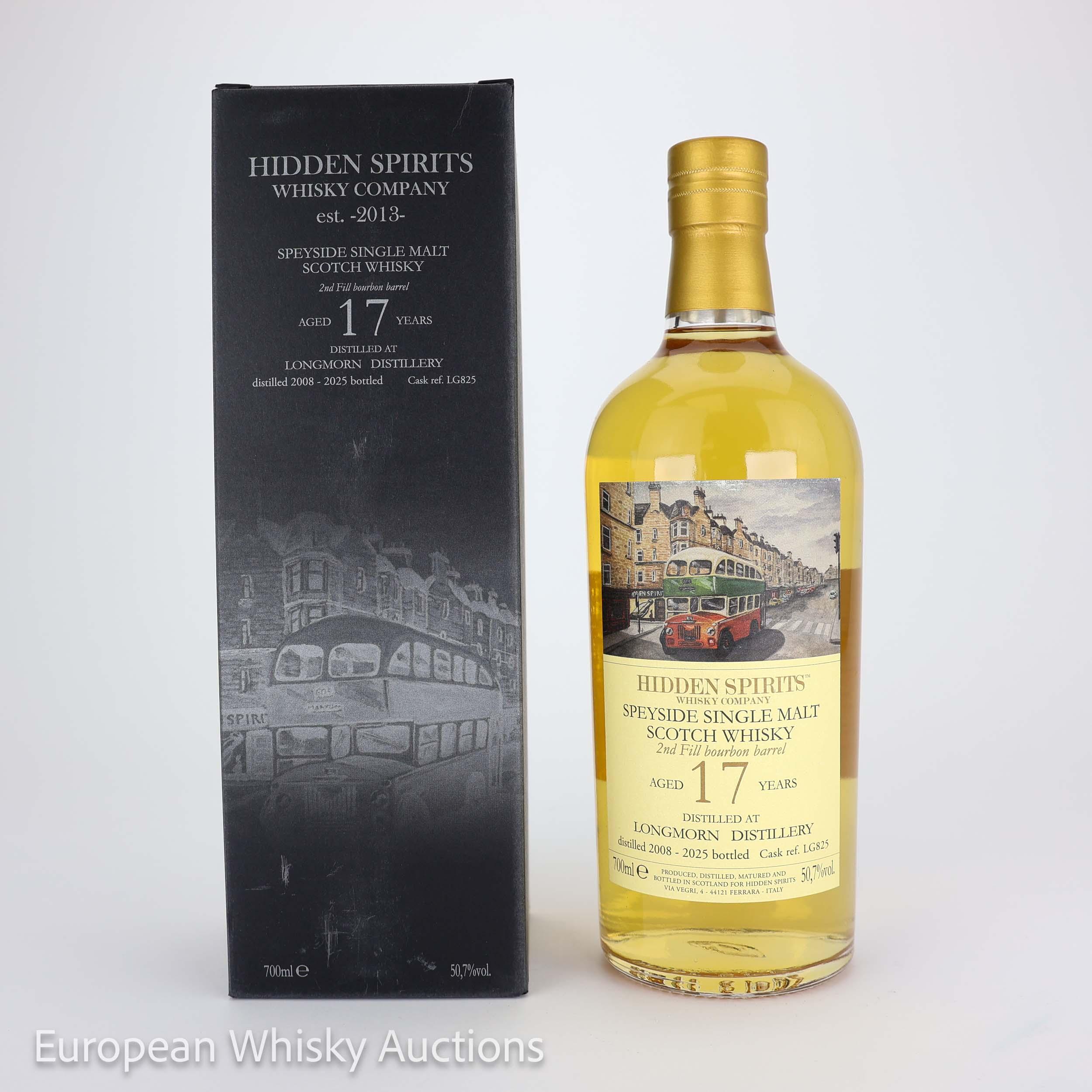 Longmorn Glasgow Bus Series 17 Year Old, 2nd Fill Bourbon Cask, Cask No. LG825, 2008, Hidden Spirits, 50.7% whisky bottle